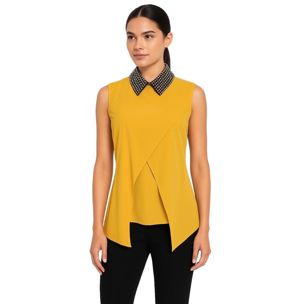 Calore Mustard Beaded Asymmetrical Flowy Contemporary Sleeveless Top Womens M